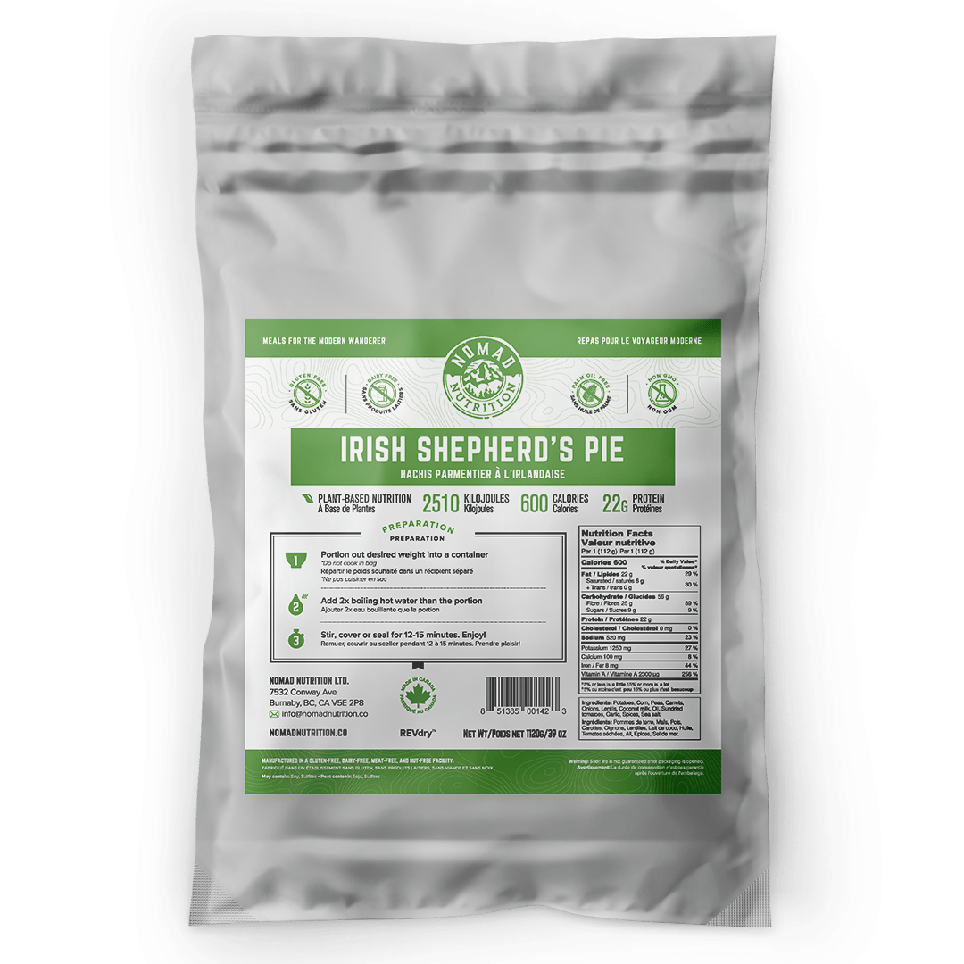 Nomad Nutrition Irish Shepherd's Pie Large Bulk 1120g. Great for 10 servings. Plant-based, dehydrated meals that are nut-free, gluten-free, and non-GMO.