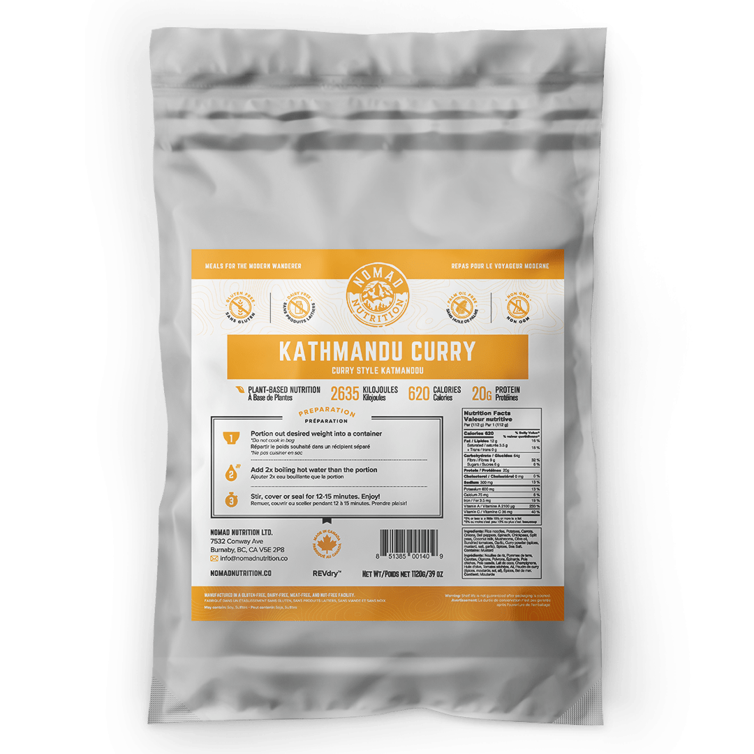 Nomad Nutrition Kathmandu Curry Large Bulk 1120g. Great for 10 servings. Plant-based, dehydrated meals that are nut-free, gluten-free, and non-GMO.