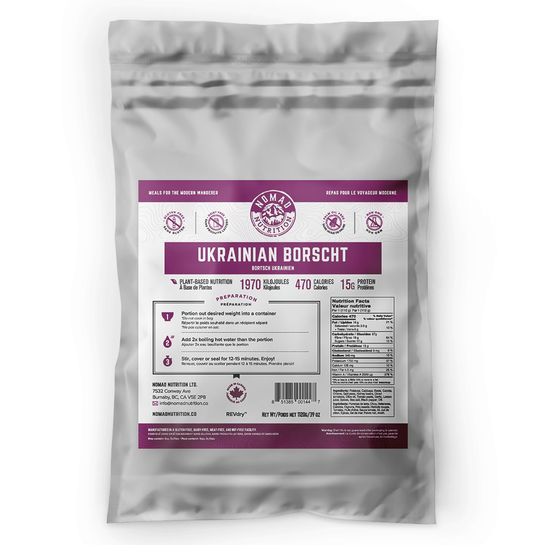 Nomad Nutrition Ukrainian Borscht Large Bulk 1120g. Great for 10 servings. Plant-based, dehydrated meals that are nut-free, gluten-free, and non-GMO.