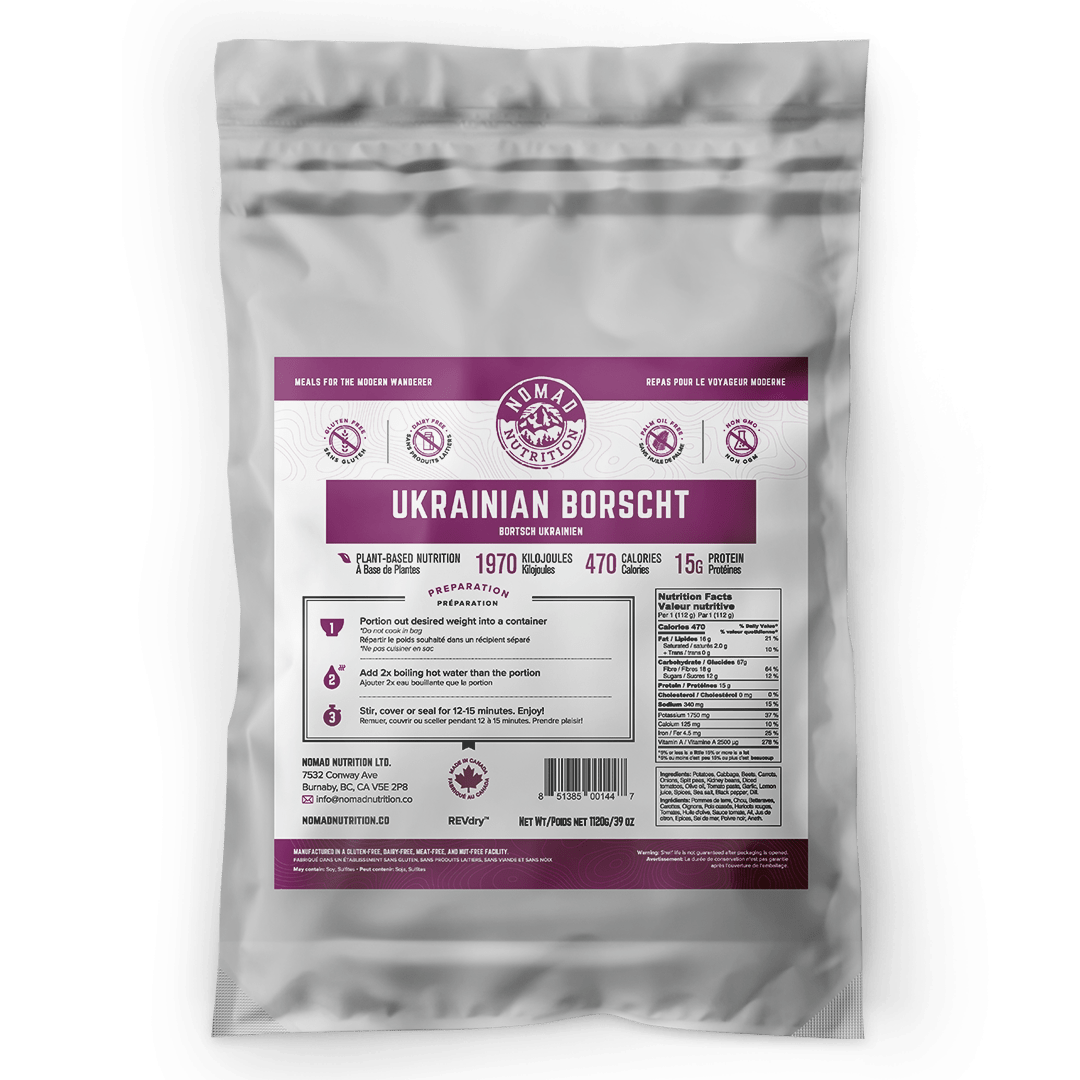 Nomad Nutrition Ukrainian Borscht Large Bulk 1120g. Great for 10 servings. Plant-based, dehydrated meals that are nut-free, gluten-free, and non-GMO. 