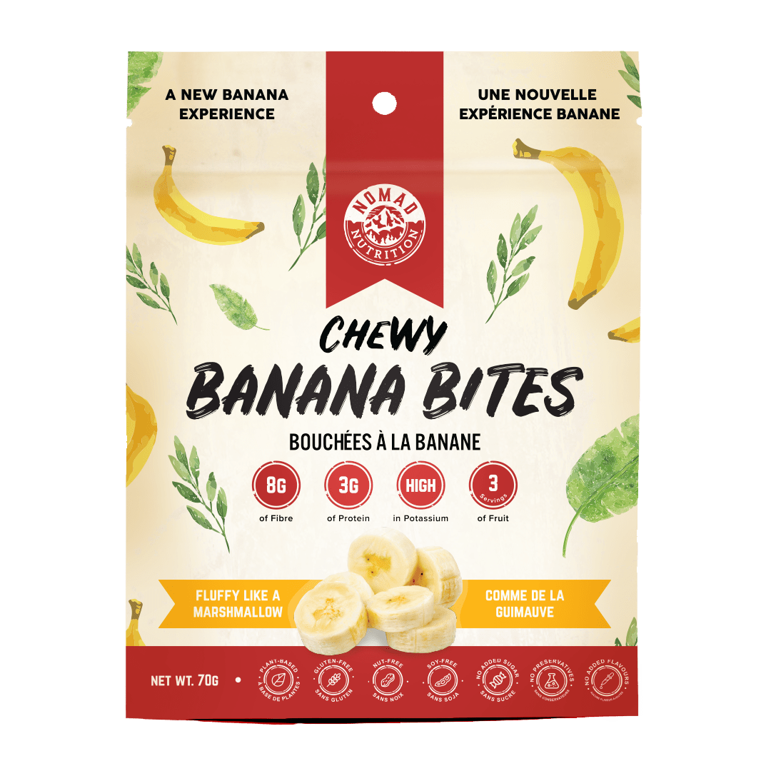 Nomad Nutrition Chewy Banana Bites, a plant-based, vegan, dehydrated, gluten-free snack.