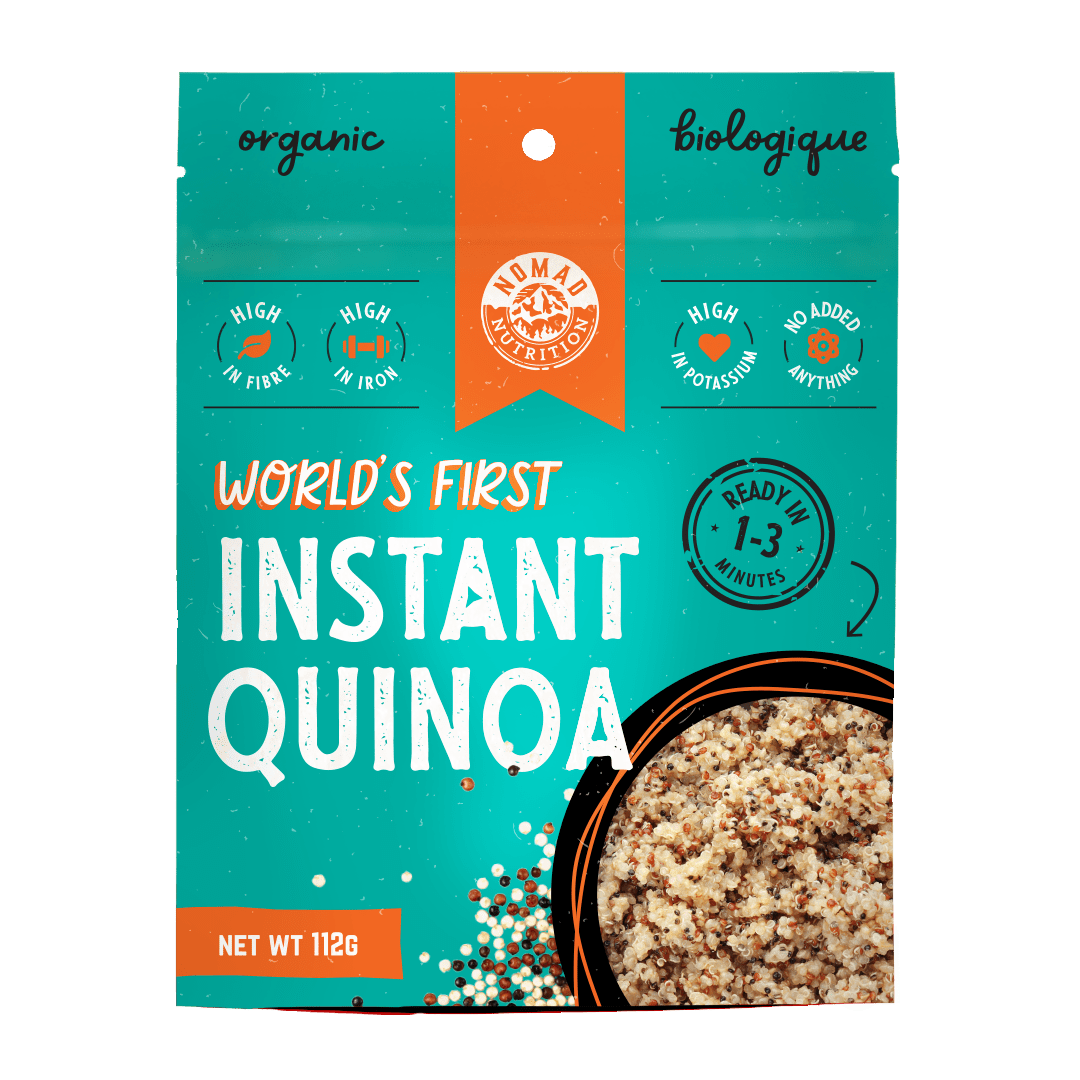 Nomad Nutrition Instant Quinoa in 112g or 4 oz. World's first organic instant quinoa high in fiber, iron, potassium, with no addtions.