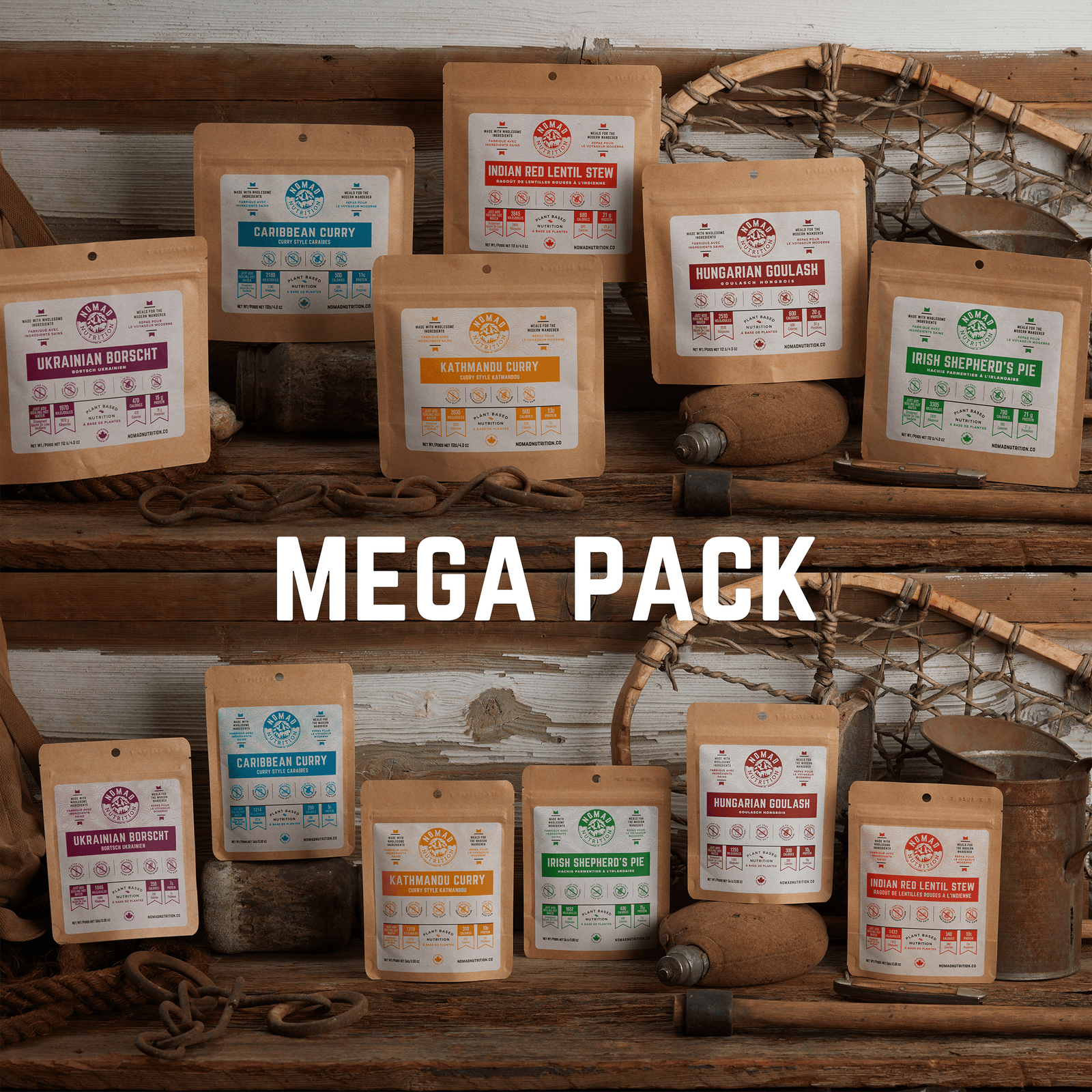 Nomad Nutrition Mega Pack - 6 meals (112g) and 6 snacks (56g). From left: Ukrainian Borscht, Caribbean Curry, Kathmandu Curry, Indian Red Lentil Stew, Hungarian Goulash, Irish Shepherd's Pie.