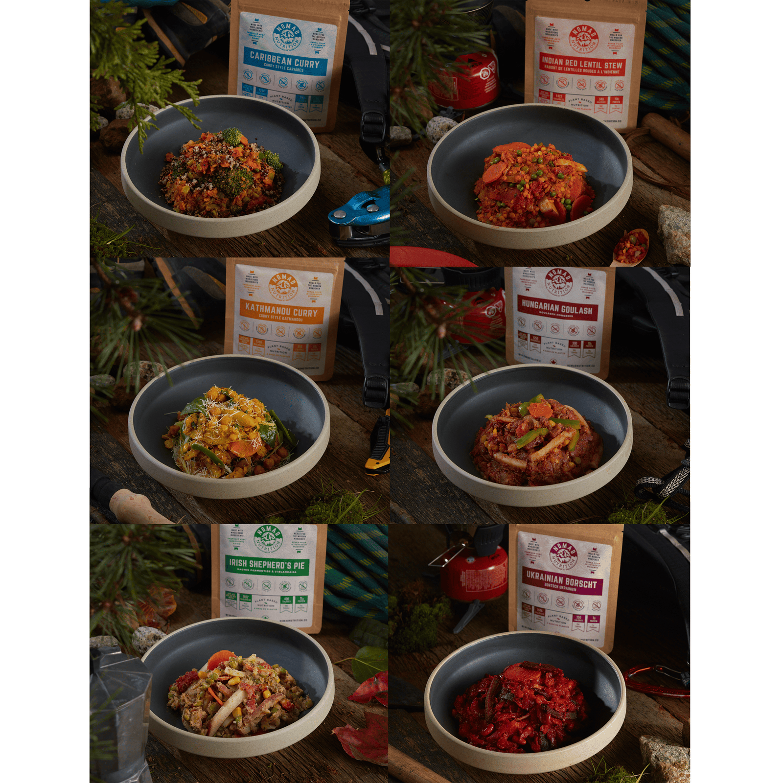Nomad Nutrition Mega Pack -Six 56g snacks. From top to bottom: Caribbean Curry, Indian Red Lentil Stew, Kathmandu Curry, Hungarian Goulash, Irish Shepherd's Pie, and Ukrainian Borscht. Rehydrated healthy food. Dehydrated meals.