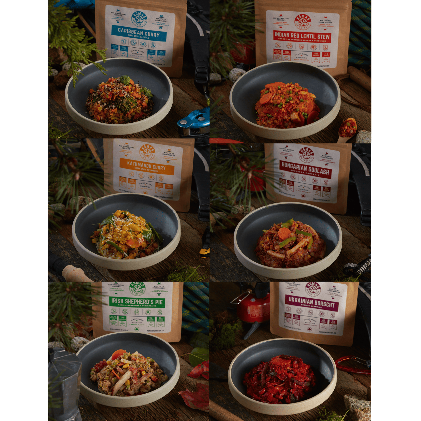 Nomad Nutrition Mega Pack -Six 112g meals. From top to bottom: Caribbean Curry, Indian Red Lentil Stew, Kathmandu Curry, Hungarian Goulash, Irish Shepherd's Pie, and Ukrainian Borscht. Rehydrated healthy food. Dehydrated meals.