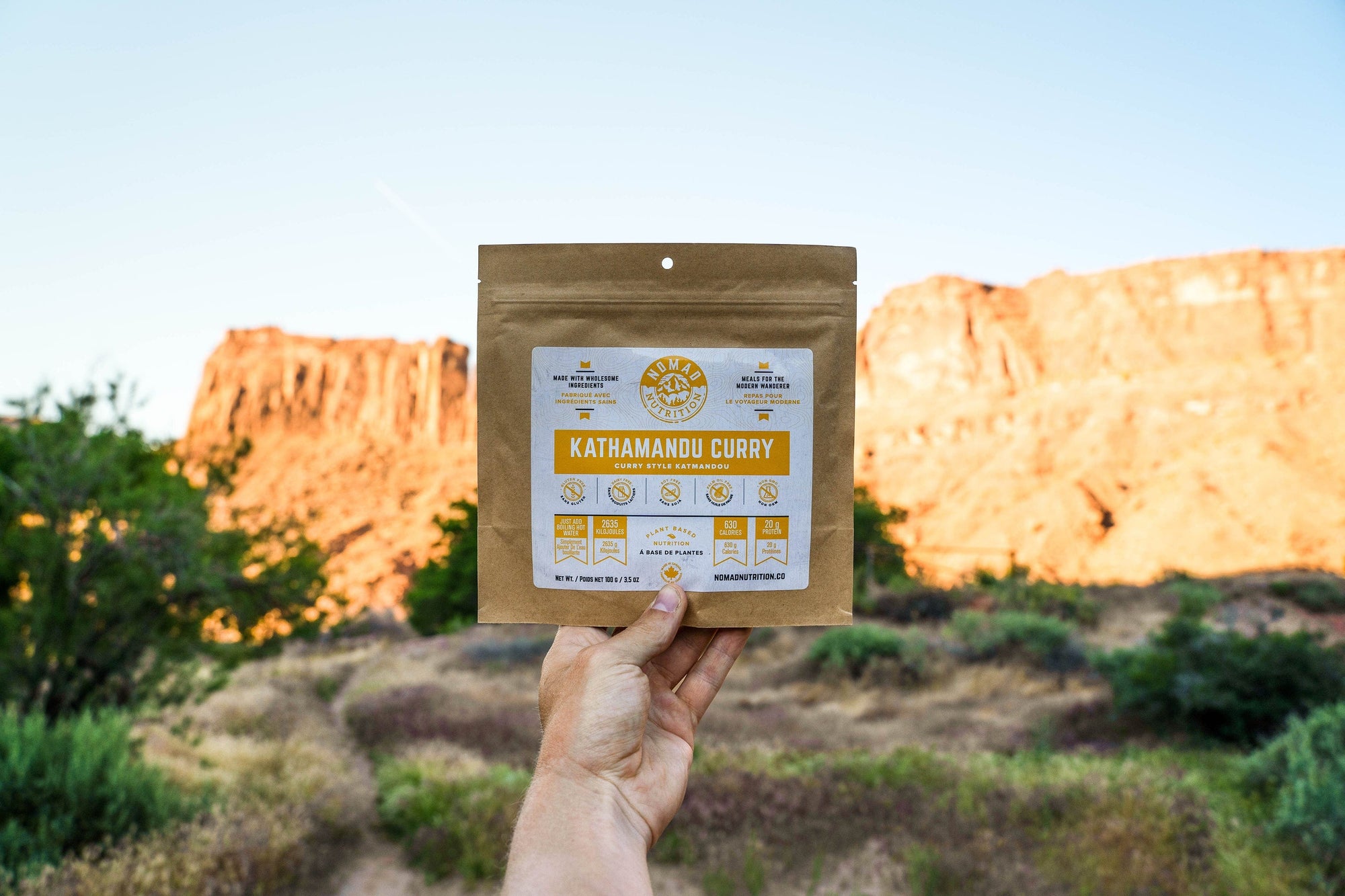 Nomad Nutrition Kathmandu Curry, vegan dehydrated adventure, camping, plant-based, gluten-free meal at Arches National Park