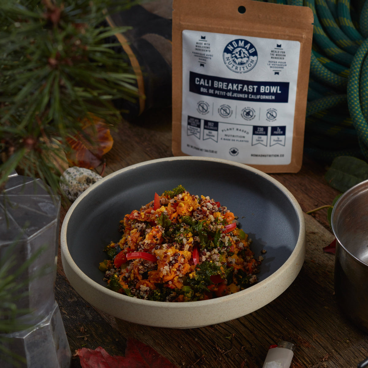 Rehydrated Nomad Nutrition California Breakfast Bowl in a bowl with 56g snack size on table top outdoors. No additional cooking required. 