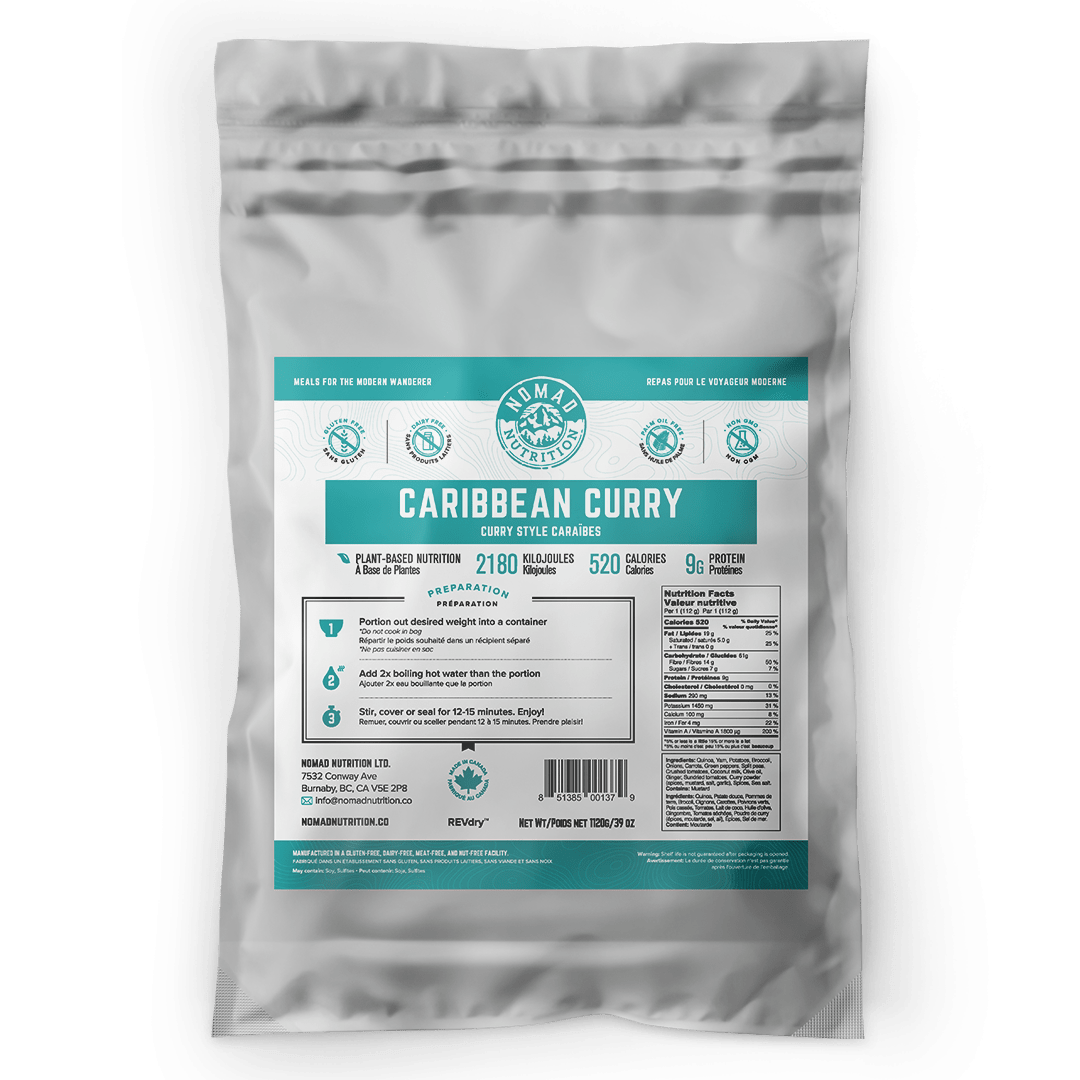 Nomad Nutrition Caribbean Curry Large Bulk 1120g. Great for 10 servings. Plant-based, dehydrated meals that are nut-free, gluten-free, and non-GMO. 