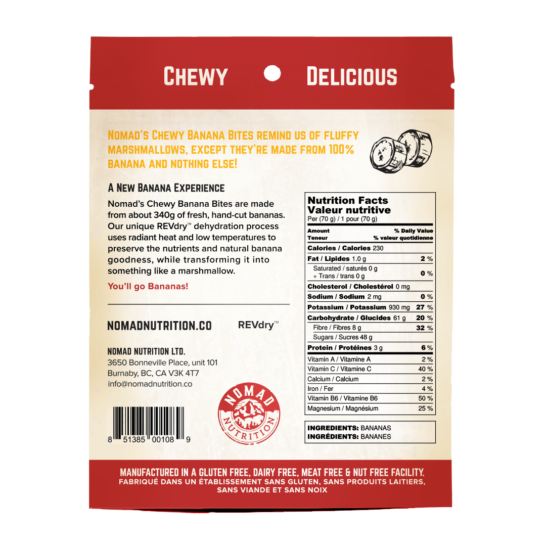 Nomad Nutrition Chewy Banana Bites, a plant-based, vegan, dehydrated, gluten-free snack with nutrition facts and labels in picture. 