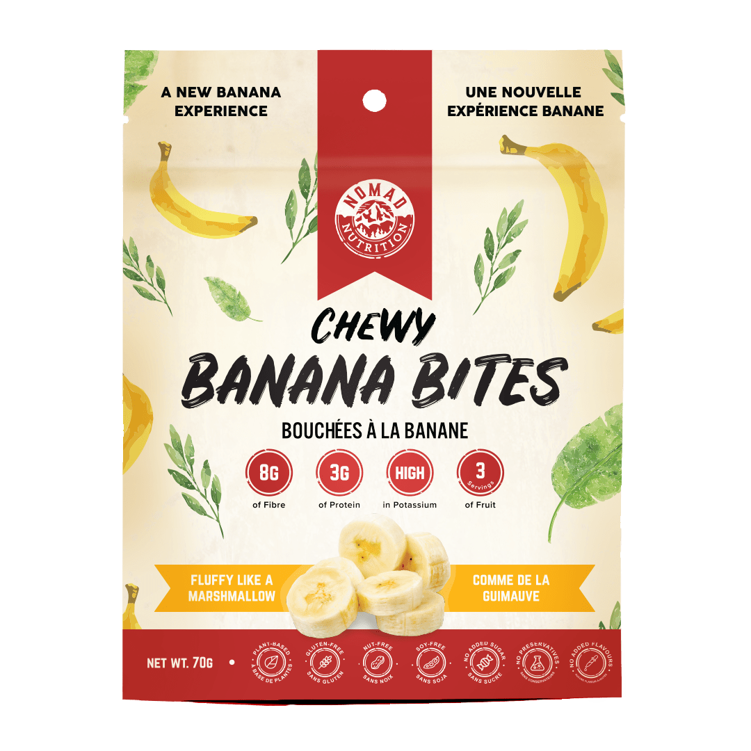 Nomad Nutrition Chewy Banana Bites, a plant-based, vegan, dehydrated, gluten-free snack. 
