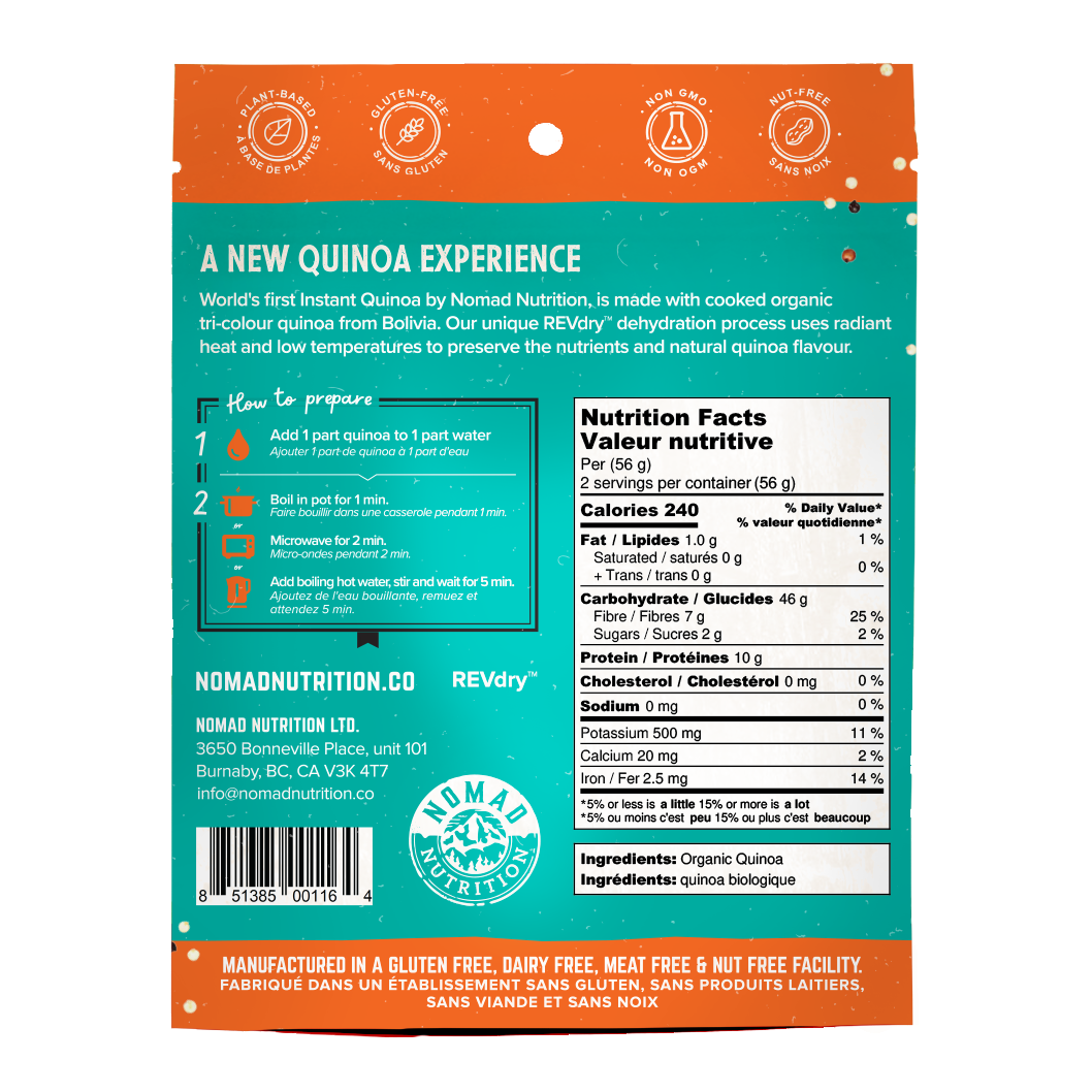 Nomad Nutrition Instant Quinoa in 112g or 4 oz. World's first organic instant quinoa high in fiber, iron, potassium, with no addtions. Nutrition label and cooking instructions.