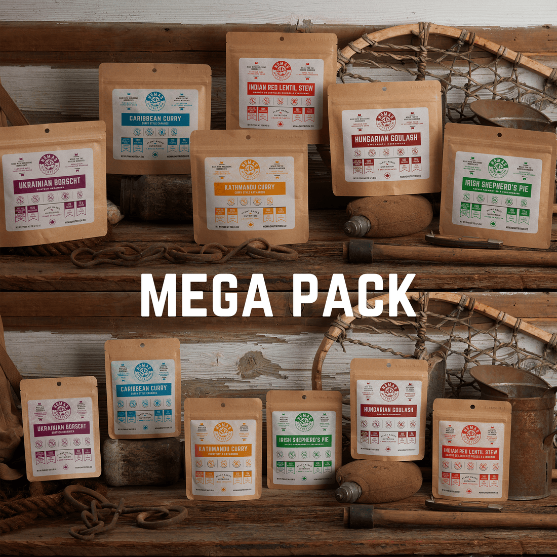 Nomad Nutrition Mega Pack - 6 meals (112g) and 6 snacks (56g). From left: Ukrainian Borscht, Caribbean Curry, Kathmandu Curry, Indian Red Lentil Stew, Hungarian Goulash, Irish Shepherd's Pie.