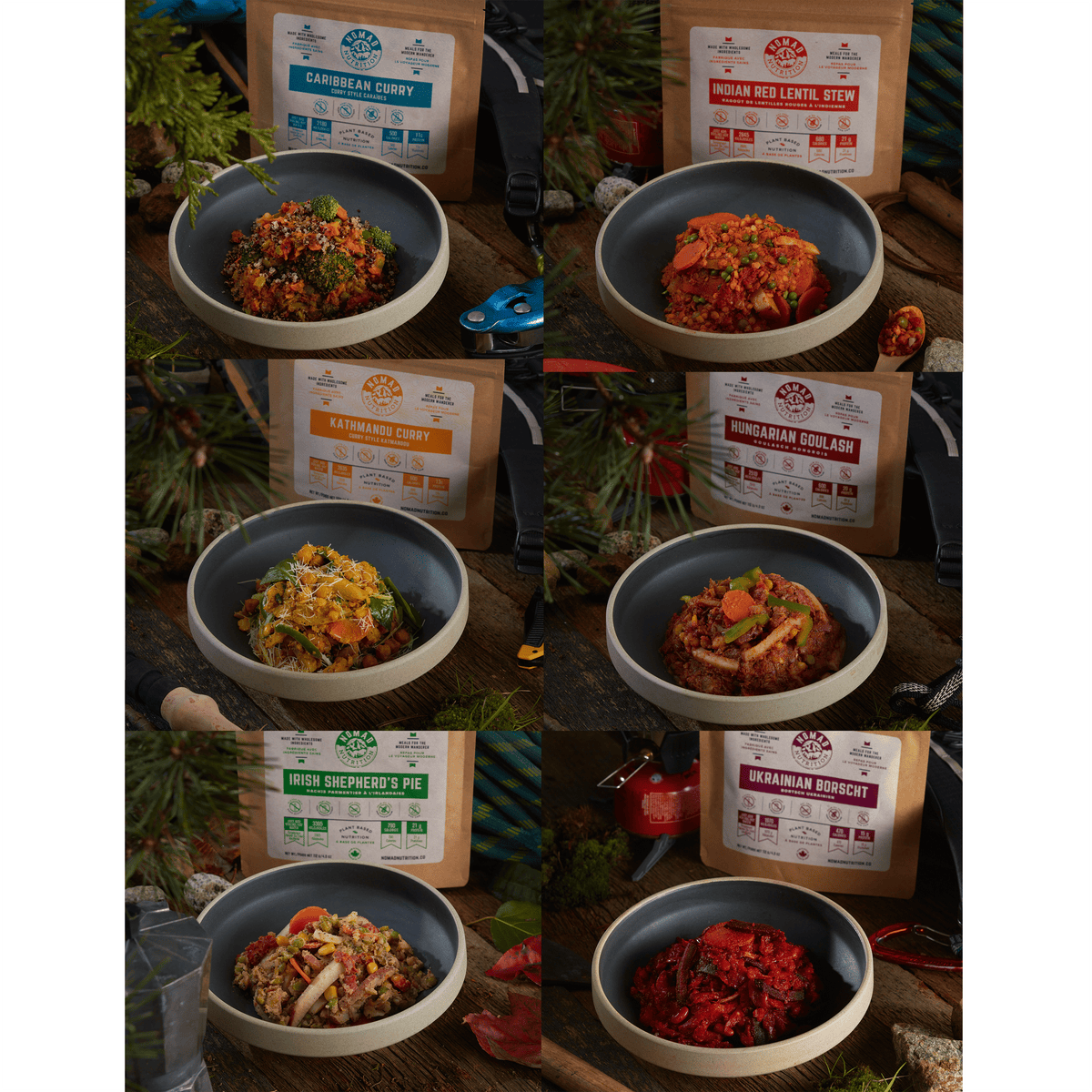 Nomad Nutrition Power Pack -Six 112g meals. From top to bottom: Caribbean Curry, Indian Red Lentil Stew, Kathmandu Curry, Hungarian Goulash, Irish Shepherd's Pie, and Ukrainian Borscht.