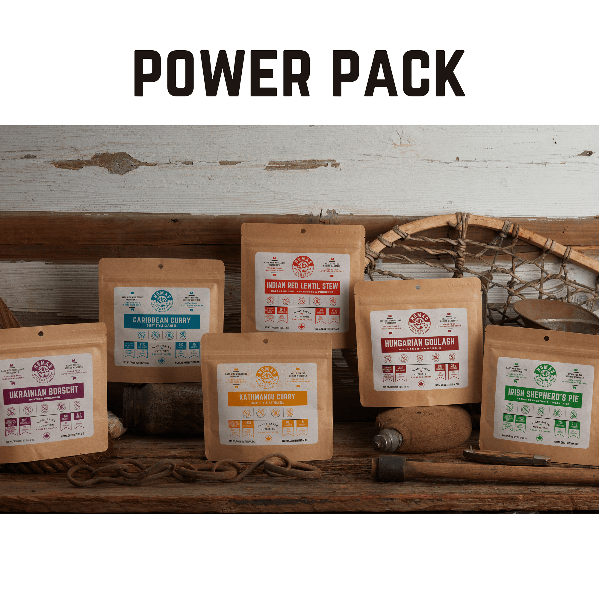 Nomad Nutrition Power Pack with 6 meal sizes 112g. From left: Ukrainian Borscht, Caribbean Curry, Kathmandu Curry, Indian Red Lentil Stew, Hungarian Goulash, Irish Shepherd's Pie.